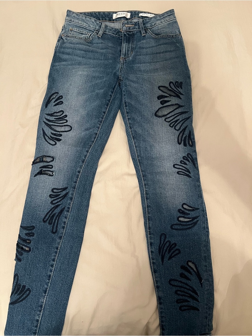 Guess Blue Skinny Jeans with Blue Embroidered Accents